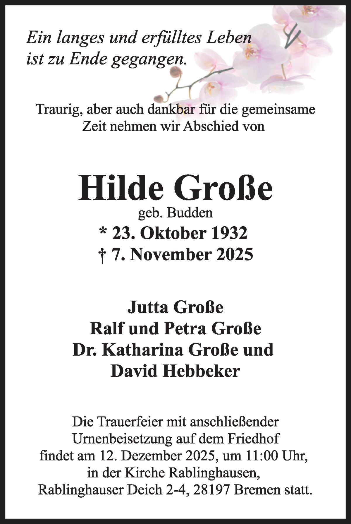 Traueranzeige von Hilde Große von WESER-KURIER