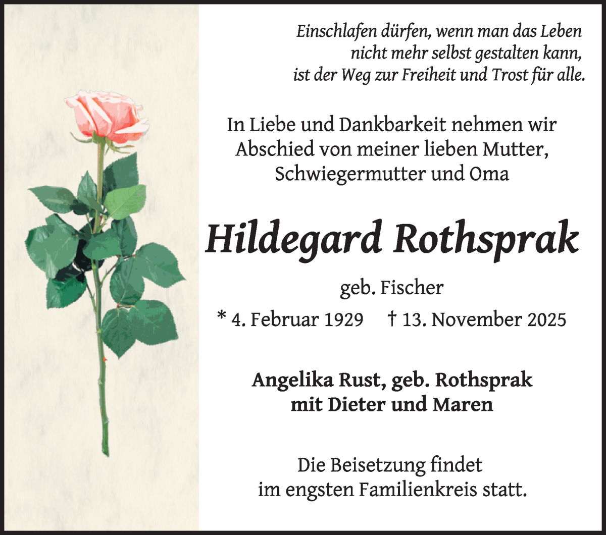 Traueranzeige von Hildegard Rothsprak von WESER-KURIER
