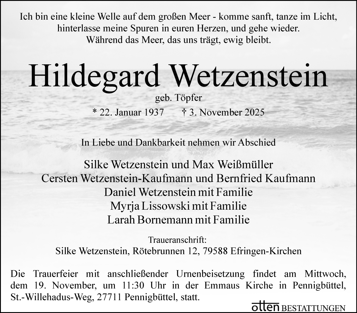 Traueranzeige von Hildegard Wetzenstein von Osterholzer Kreisblatt