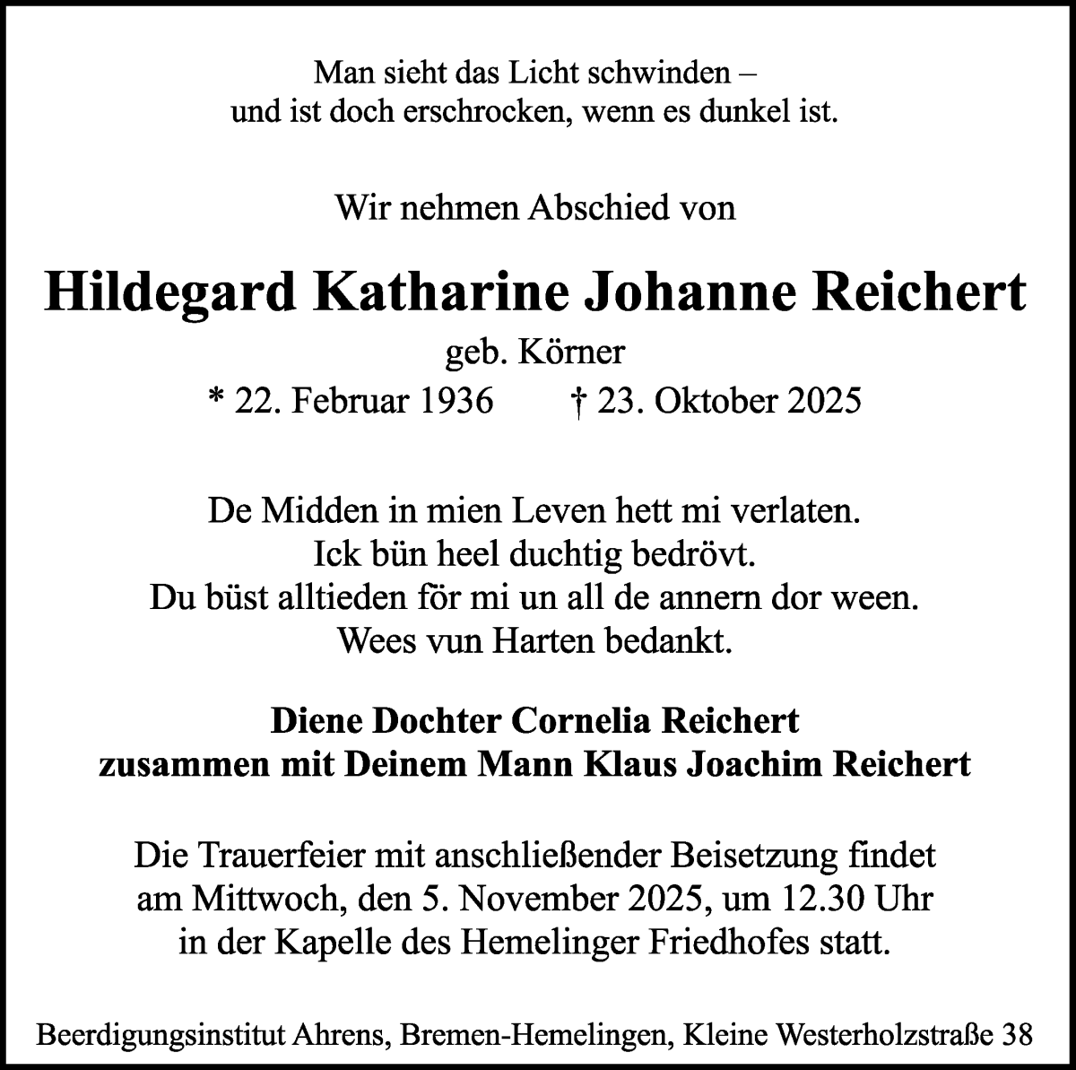  Traueranzeige für Hildegard Katharine Johanne Reichert vom 01.11.2025 aus WESER-KURIER