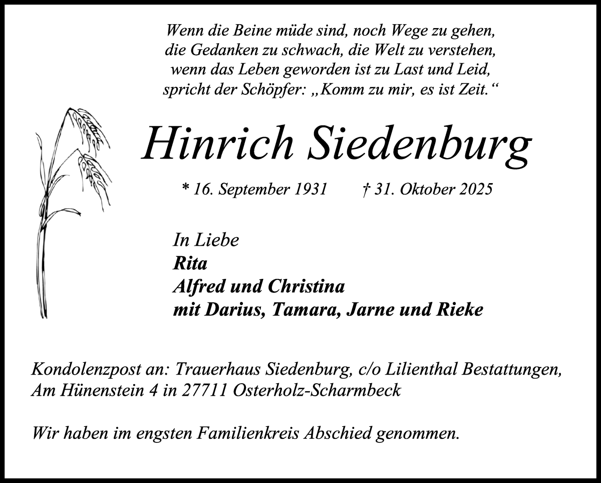 Traueranzeige von Hinrich Siedenburg von Wuemme Zeitung