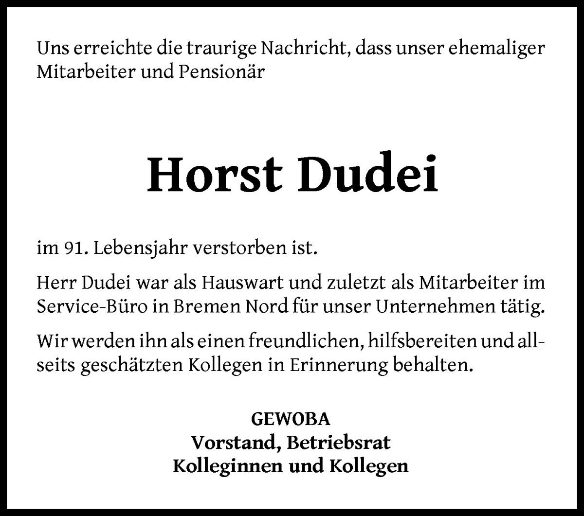 Traueranzeige von Horst Dudei von WESER-KURIER