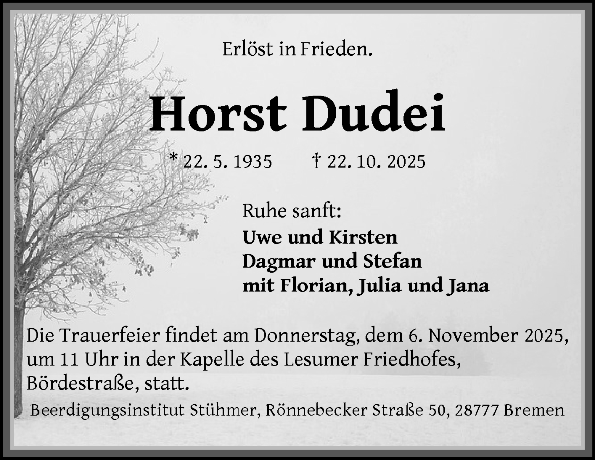 Traueranzeige von Horst Dudei von Die Norddeutsche