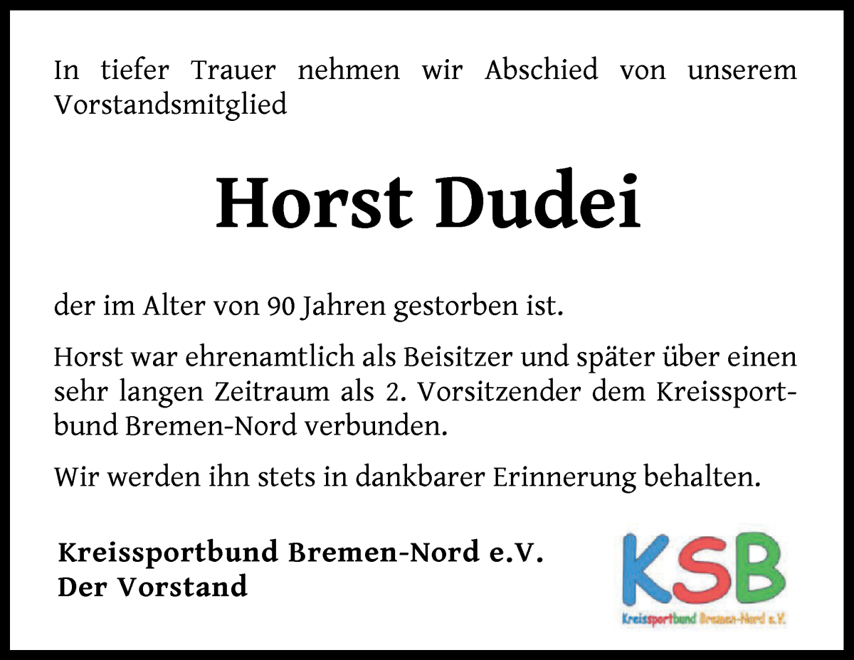 Traueranzeige von Horst Dudei von Die Norddeutsche