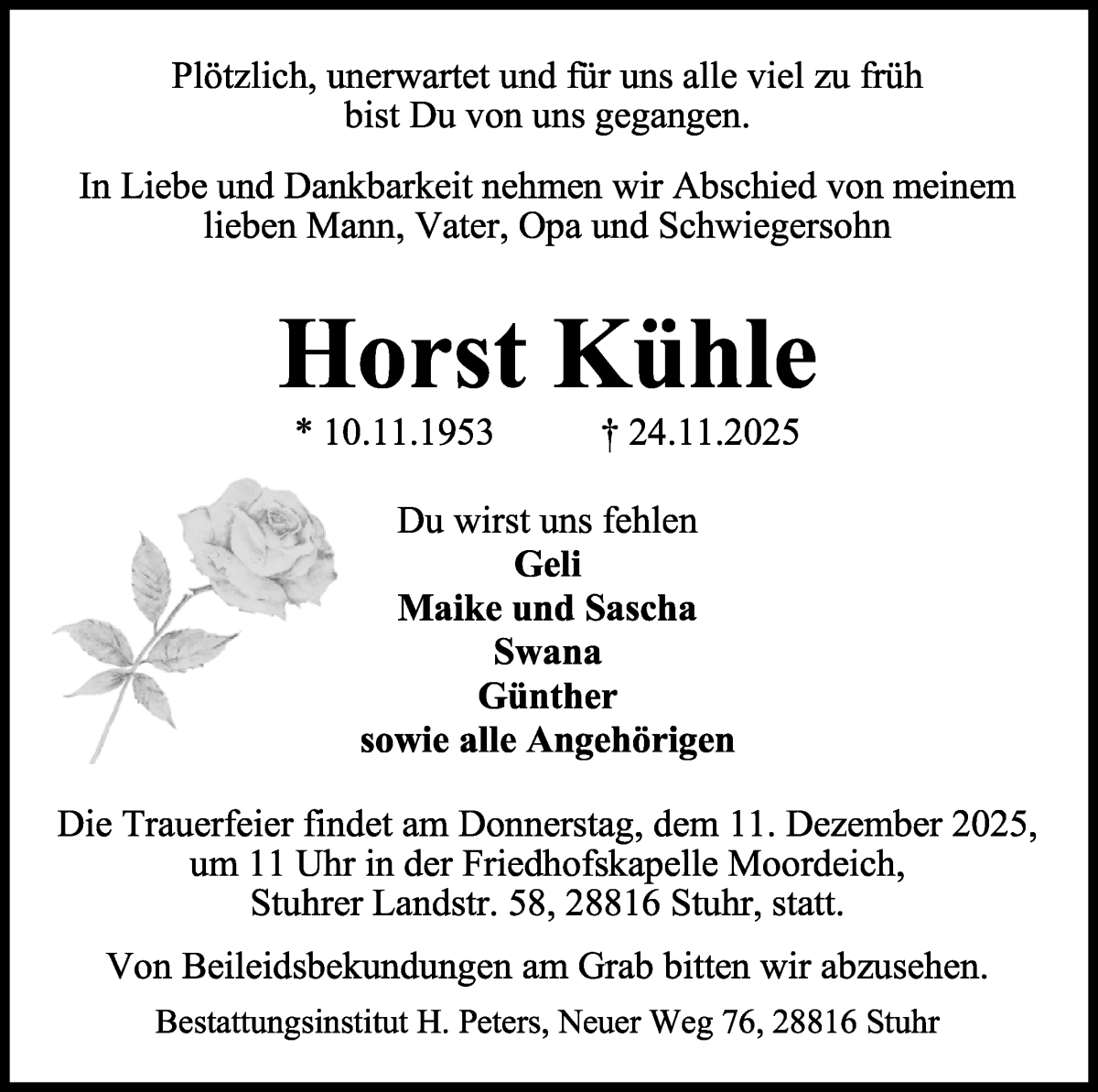 Traueranzeige von Horst Kühle von WESER-KURIER