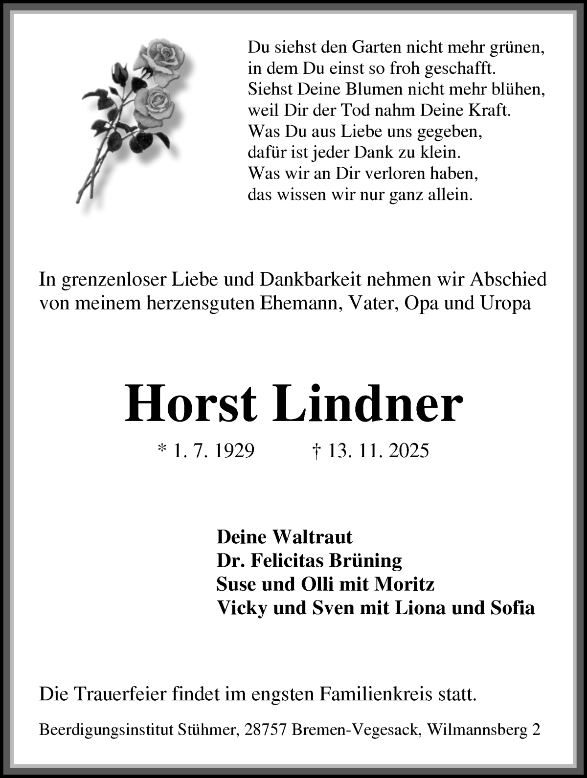 Traueranzeige von Horst Lindner von Die Norddeutsche