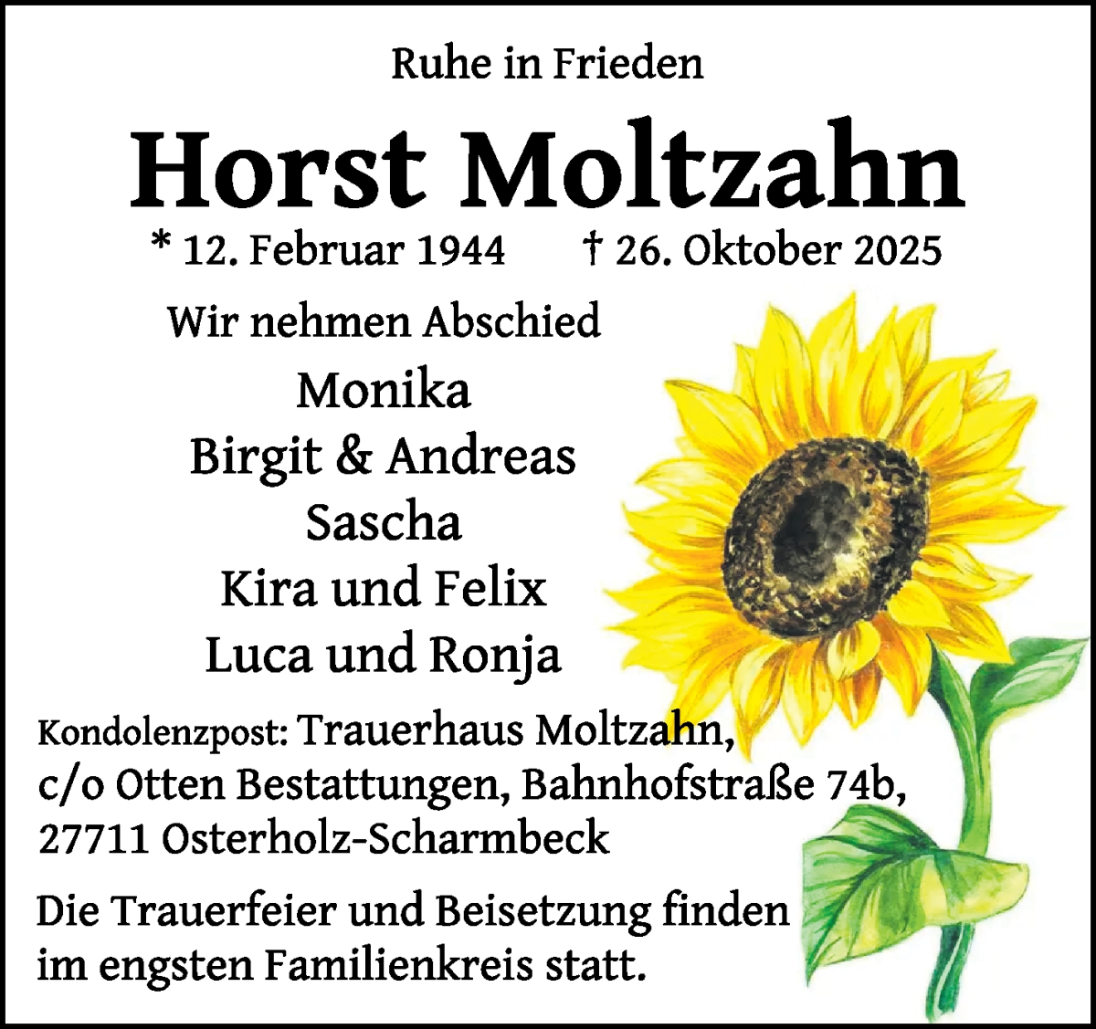 Traueranzeige von Horst Moltzahn von Osterholzer Kreisblatt