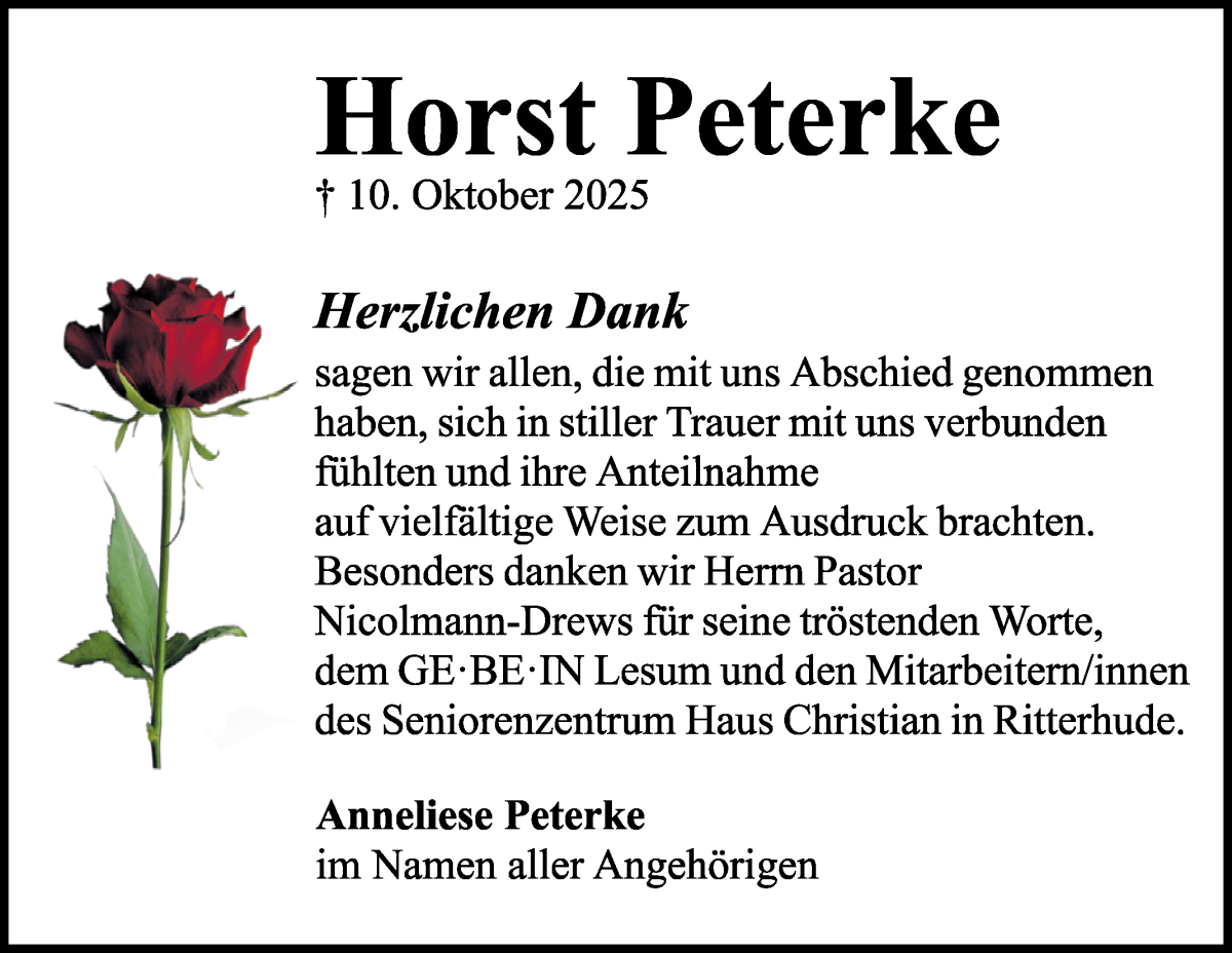 Traueranzeige von Horst Peterke von Die Norddeutsche