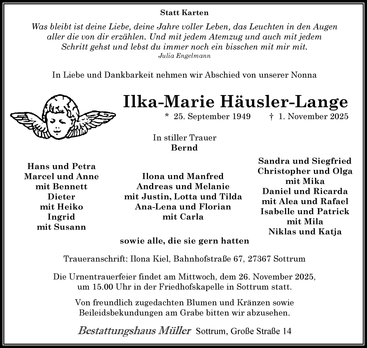Traueranzeige von Ilka-Marie Häusler-Lange von WESER-KURIER