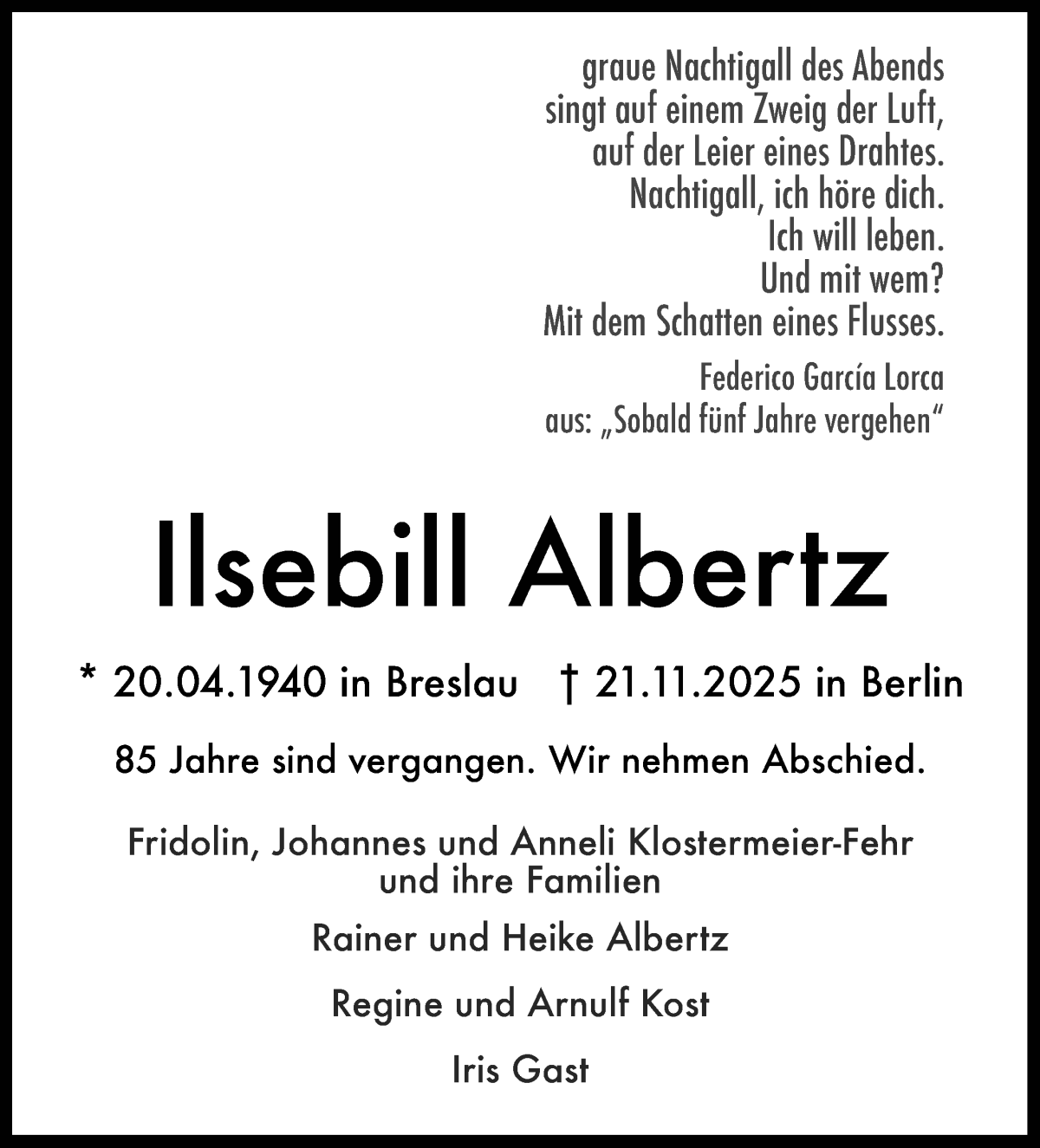 Traueranzeige von Ilsebill Albertz von Wuemme Zeitung