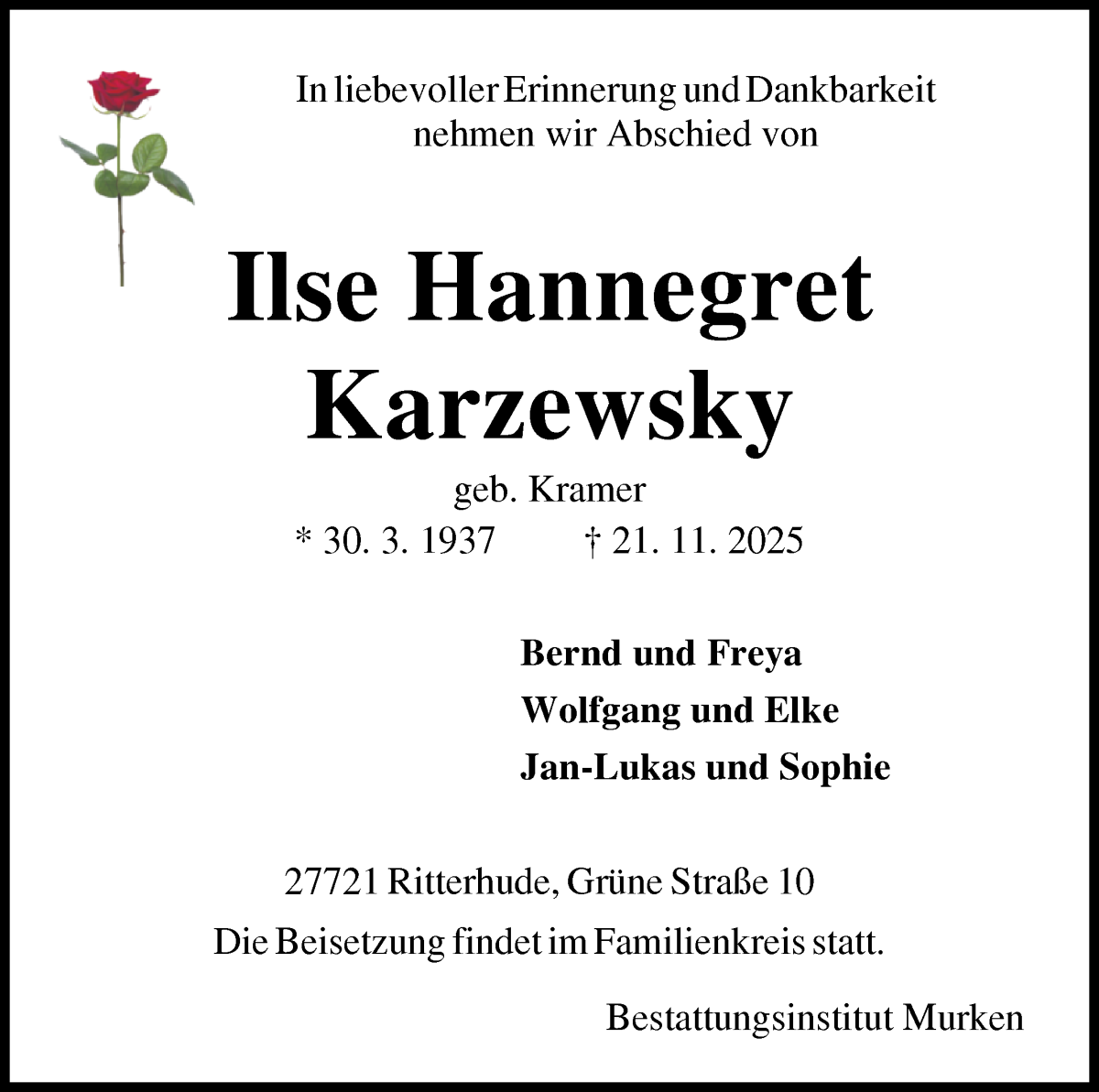 Traueranzeige von Ilse Hannegret Karzewsky von Osterholzer Kreisblatt