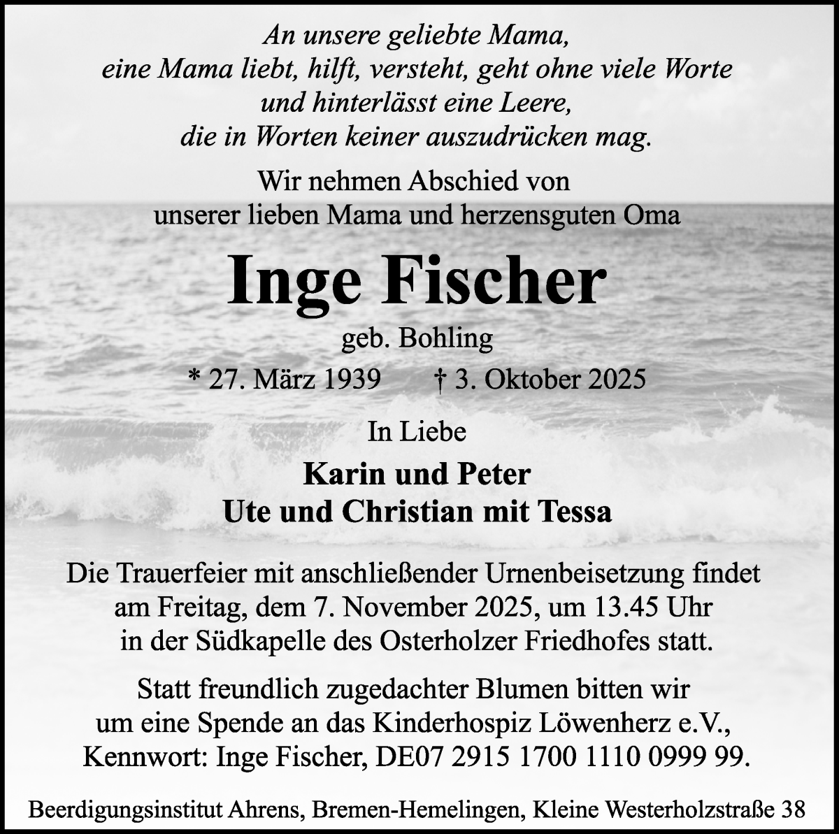 Traueranzeige von Inge Fischer von WESER-KURIER
