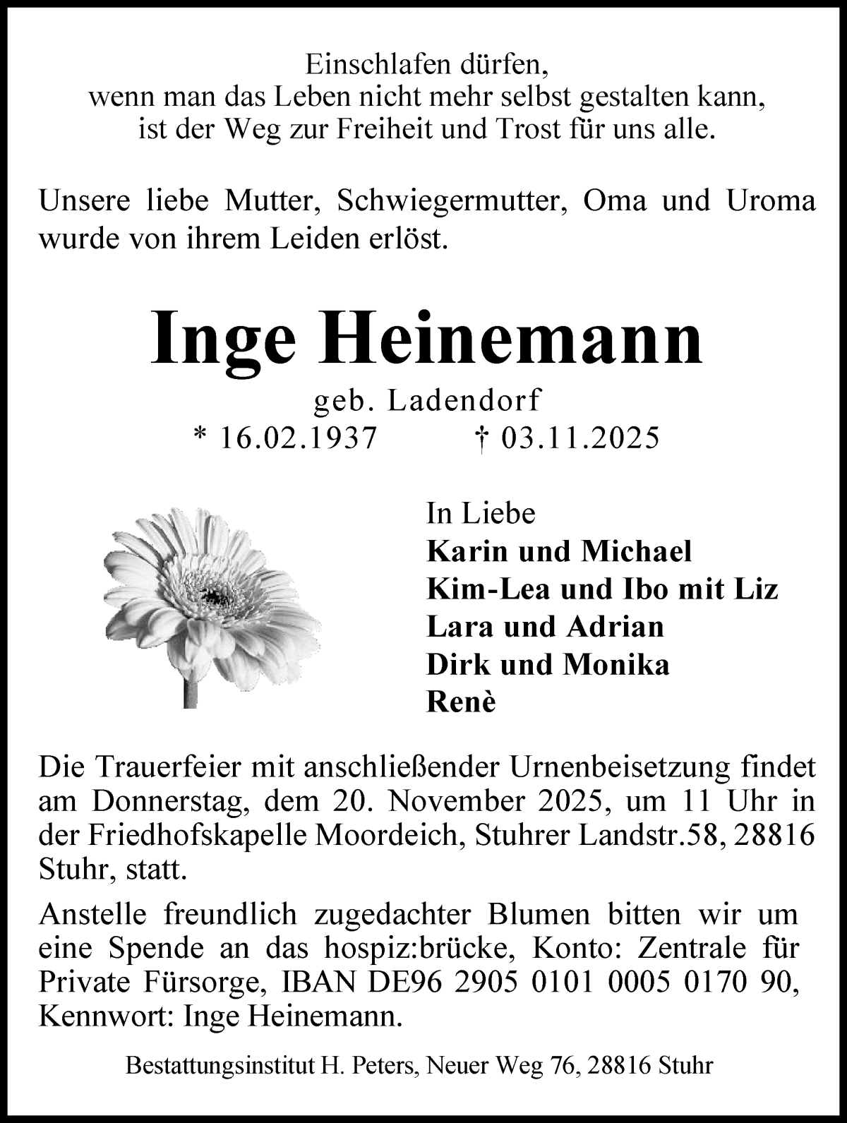 Traueranzeige von Inge Heinemann von WESER-KURIER