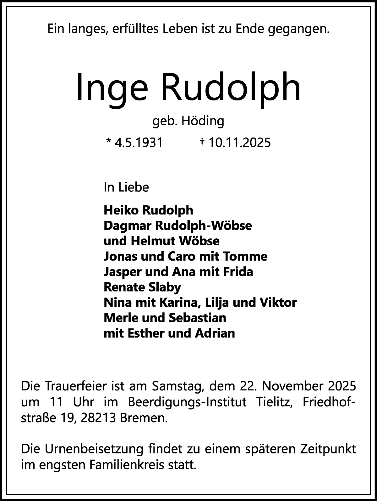 Traueranzeige von Inge Rudolph von WESER-KURIER