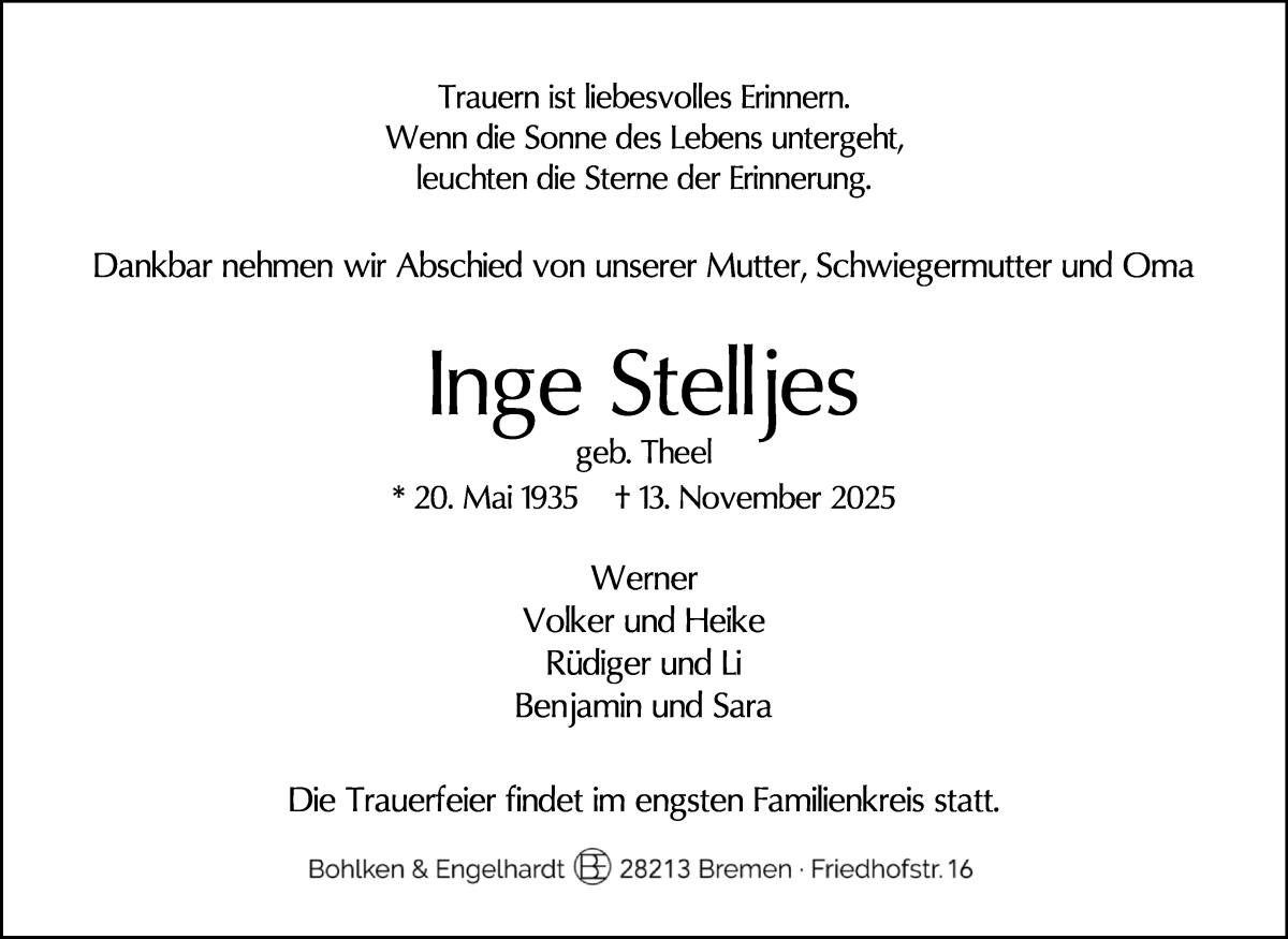 Traueranzeige von Inge Stelljes von WESER-KURIER