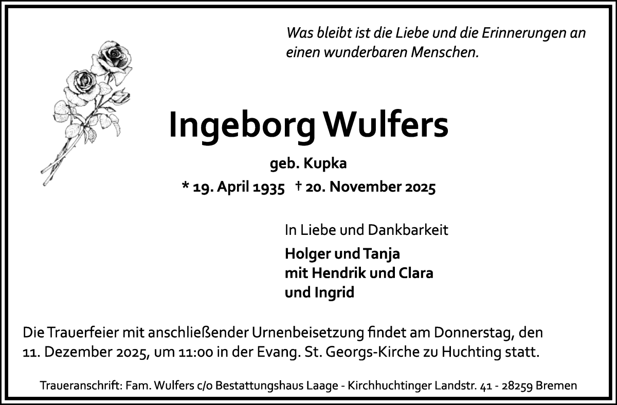 Traueranzeige von Ingeborg Wulfers von WESER-KURIER