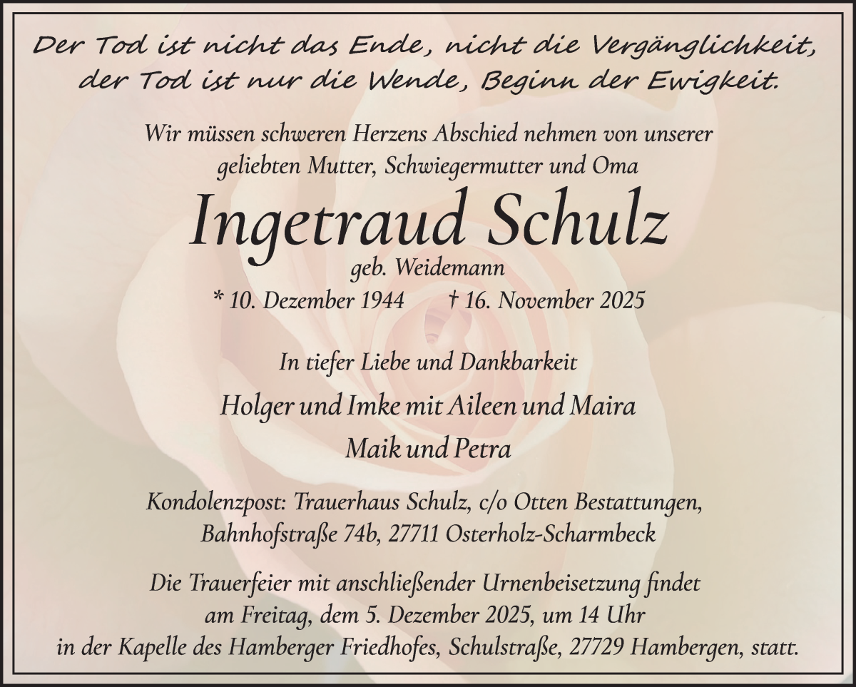 Traueranzeige von Ingetraud Schulz von Osterholzer Kreisblatt
