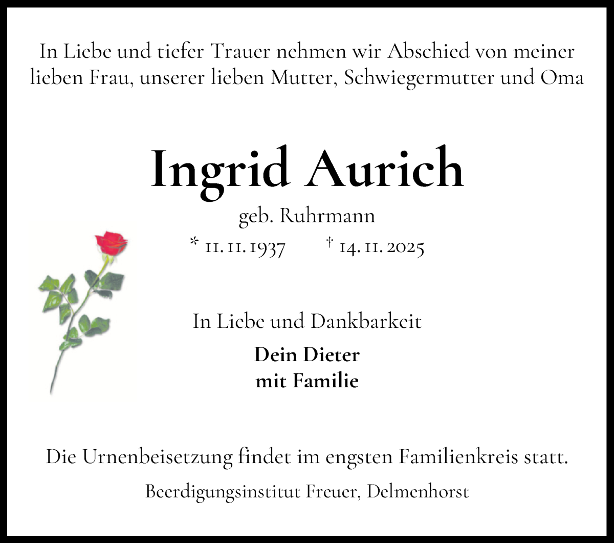 Traueranzeige von Ingrid Aurich von WESER-KURIER