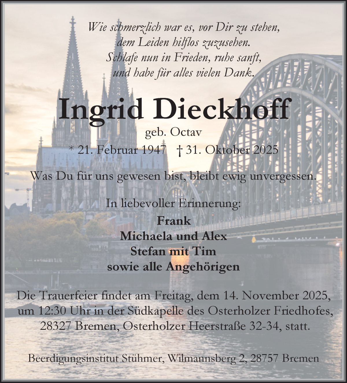 Traueranzeige von Ingrid Dieckhoff von WESER-KURIER