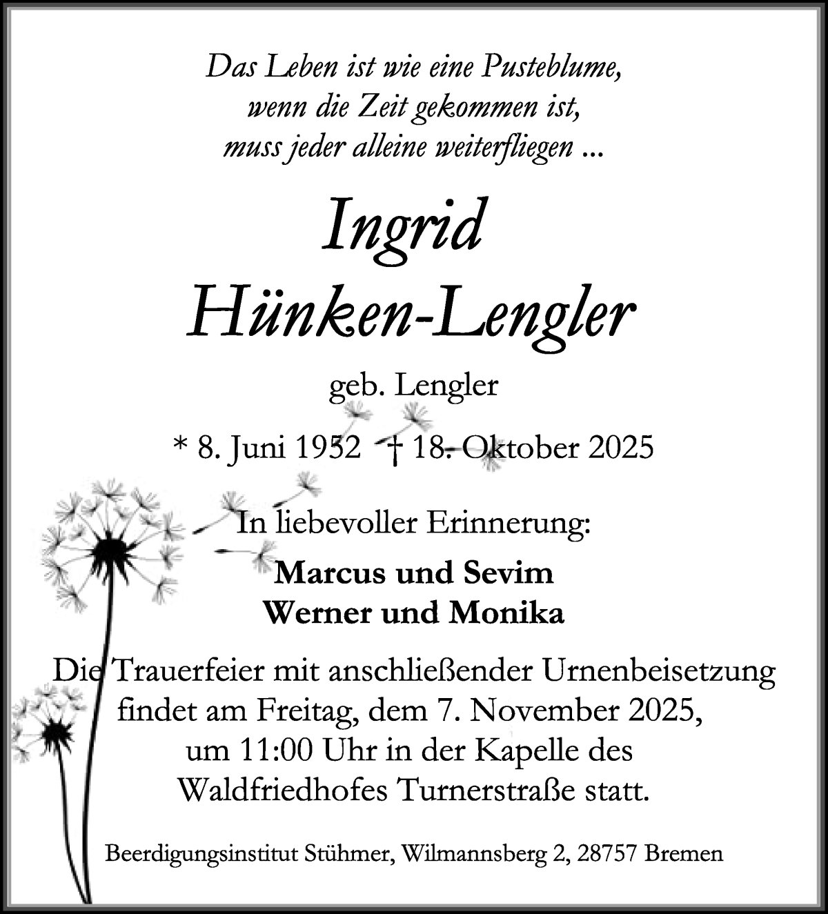 Traueranzeige von Ingrid Hünken-Lengler von Die Norddeutsche