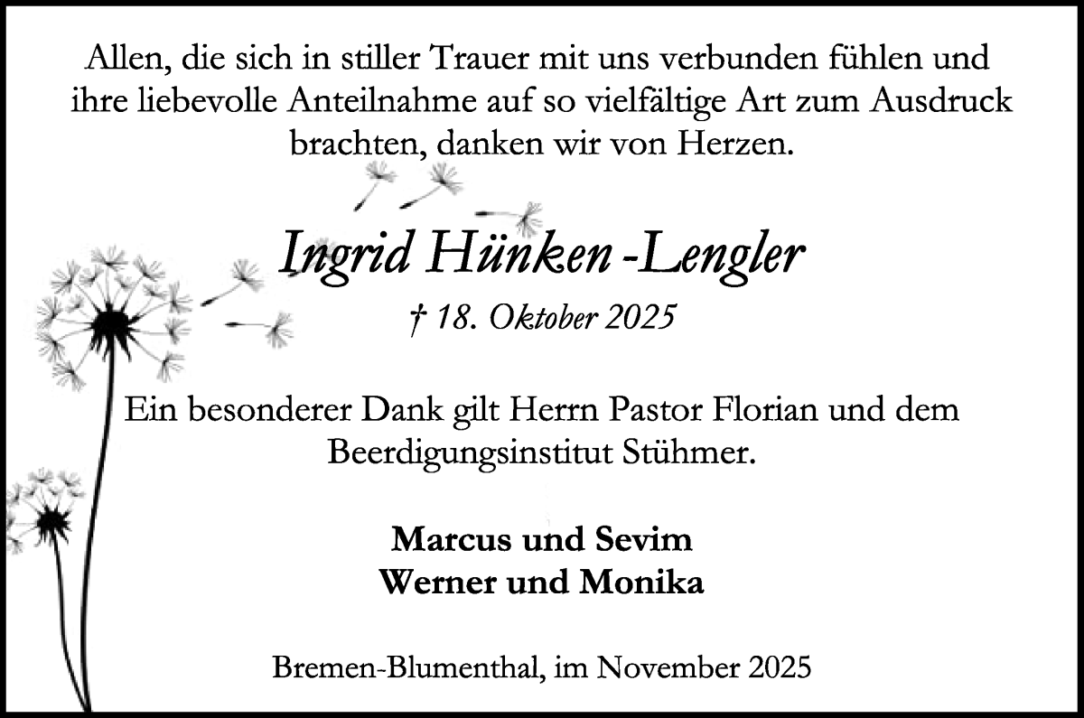 Traueranzeige von Ingrid Hünken von Die Norddeutsche