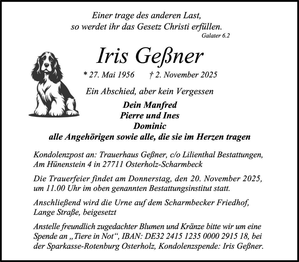 Traueranzeige von Iris Geßner von Osterholzer Kreisblatt