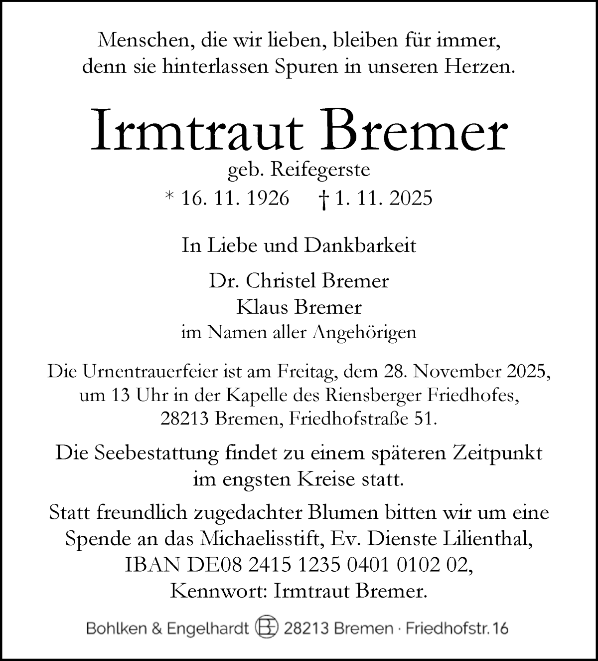 Traueranzeige von Irmtraut Bremer von WESER-KURIER