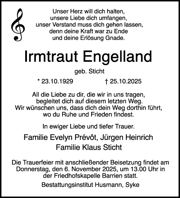 Traueranzeige von Irmtraut Engelland von Regionale Rundschau/Syker Kurier