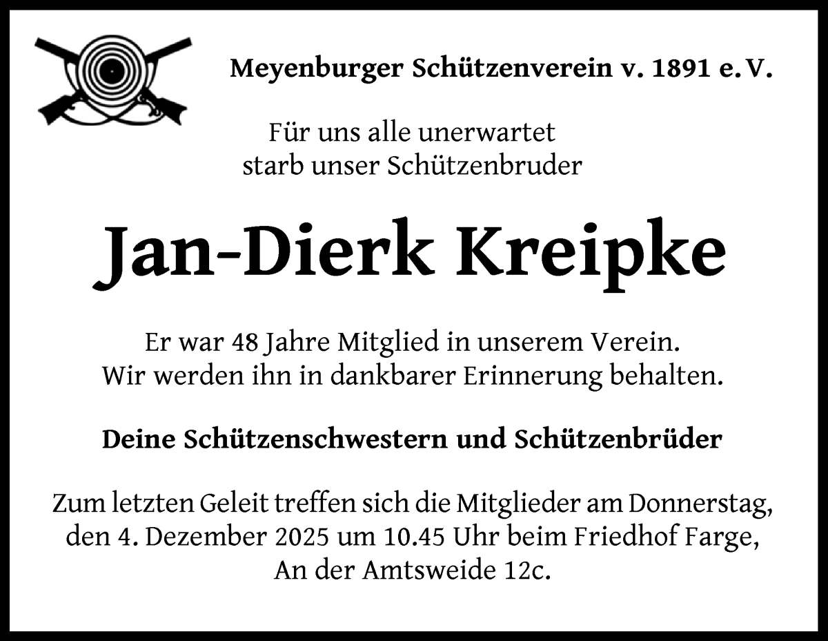 Traueranzeige von Jan-Dierk Kreipke von Die Norddeutsche
