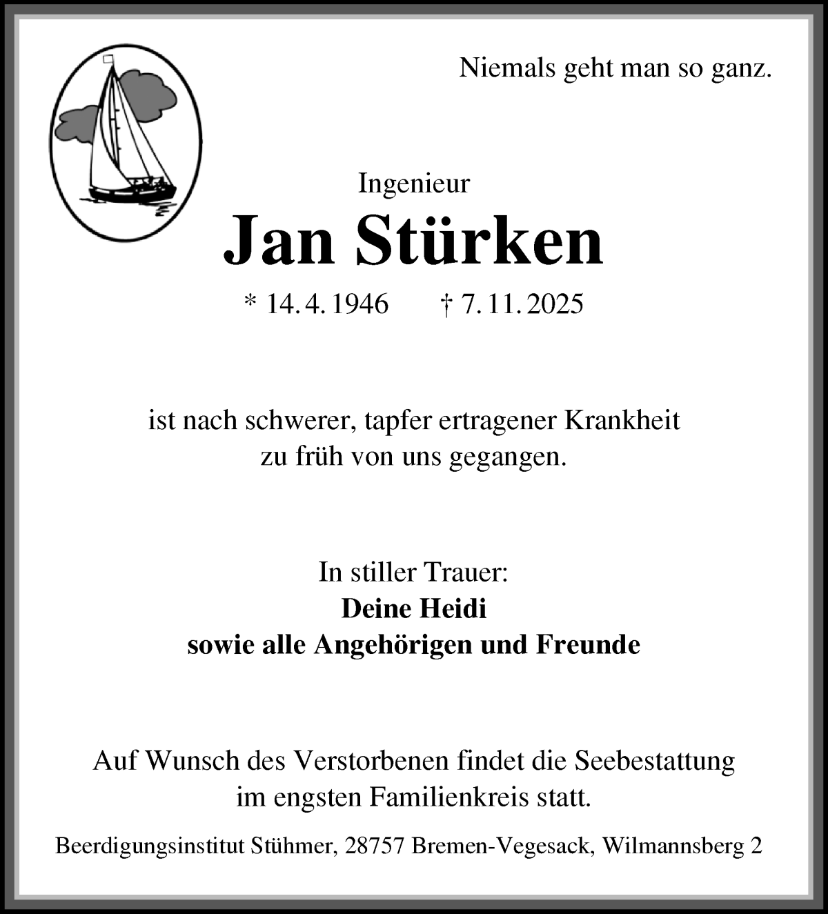 Traueranzeige von Jan Stürken von Die Norddeutsche