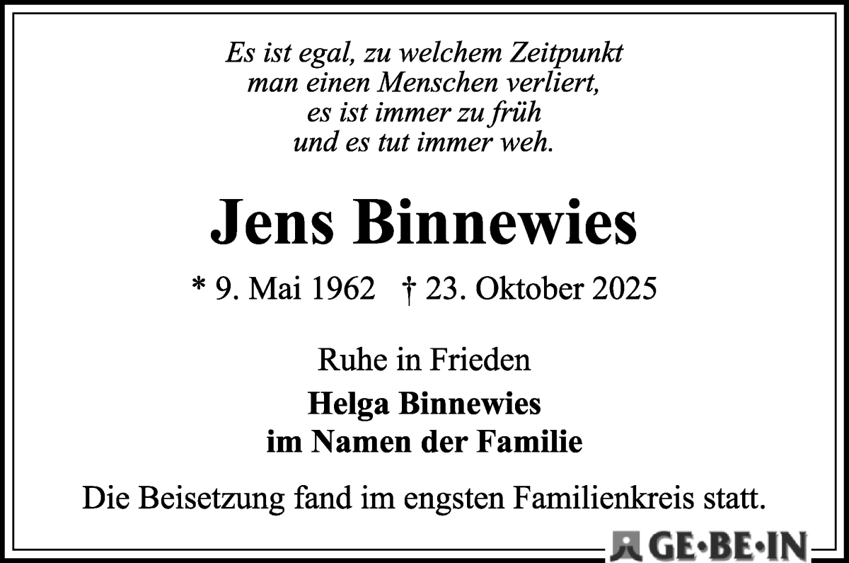 Traueranzeige von Jens Binnewies von WESER-KURIER
