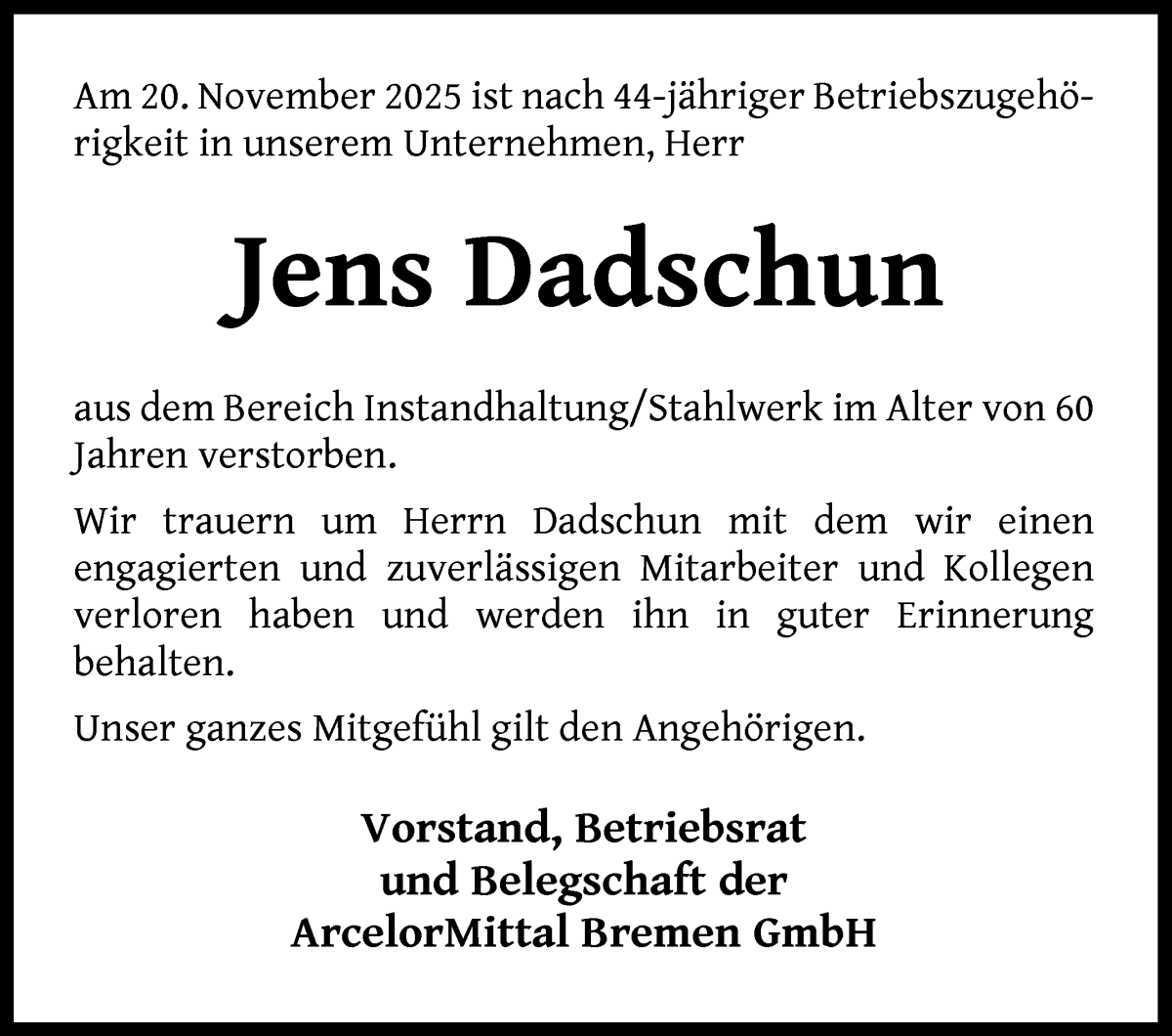Traueranzeige von Jens Dadschun von WESER-KURIER