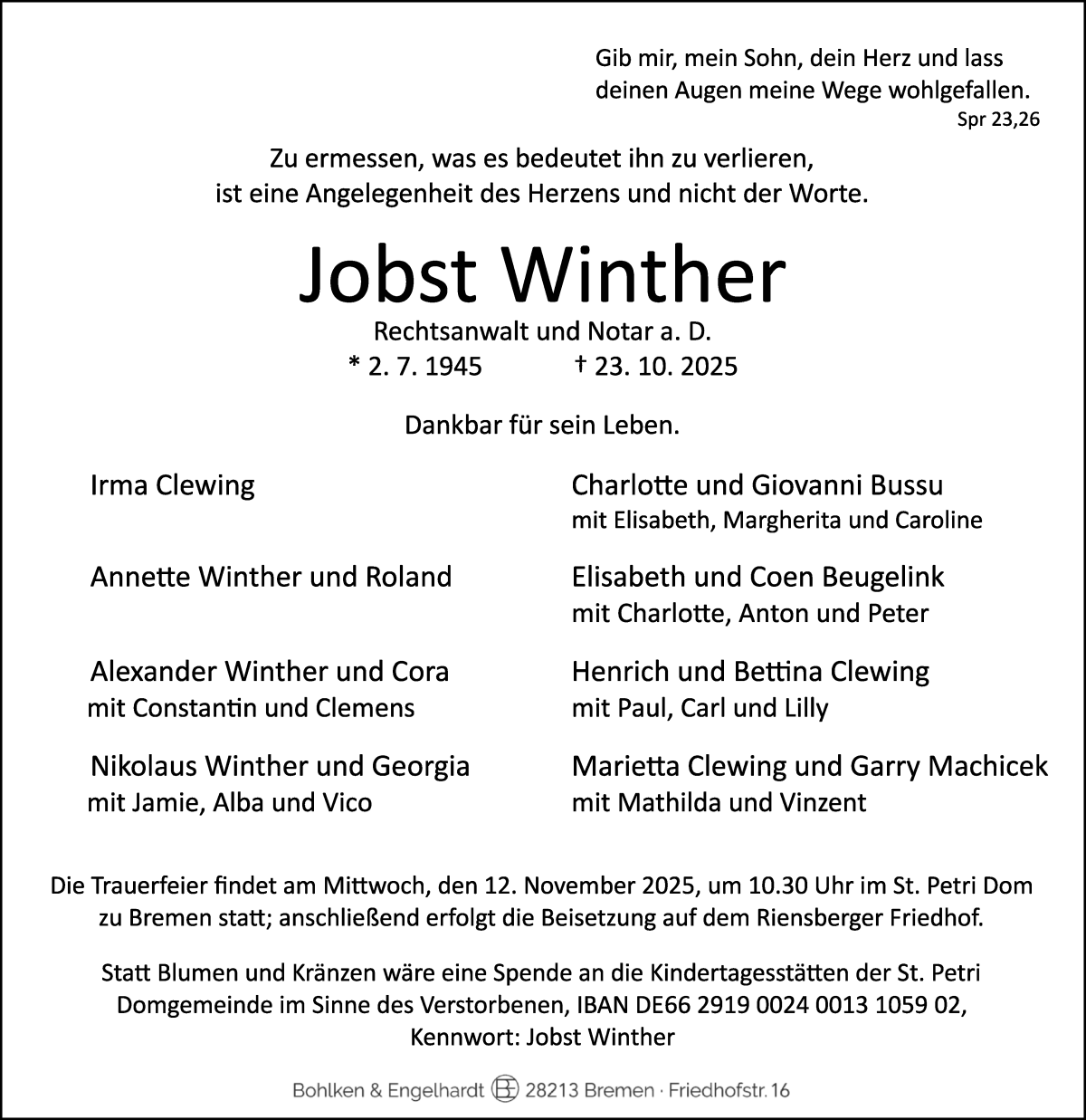 Traueranzeige von Jobst Winther von WESER-KURIER