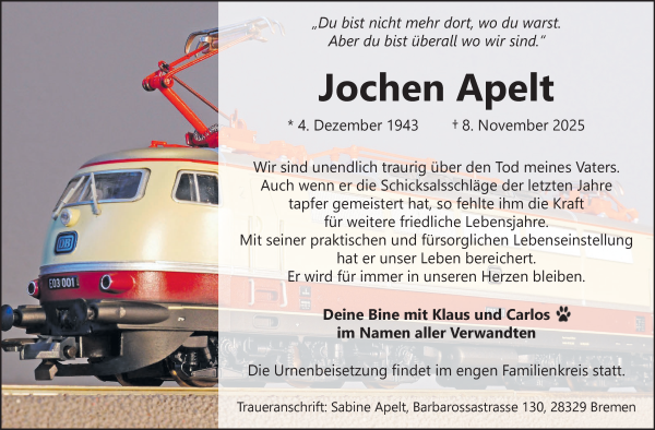 Traueranzeige von Jochen Apelt von WESER-KURIER