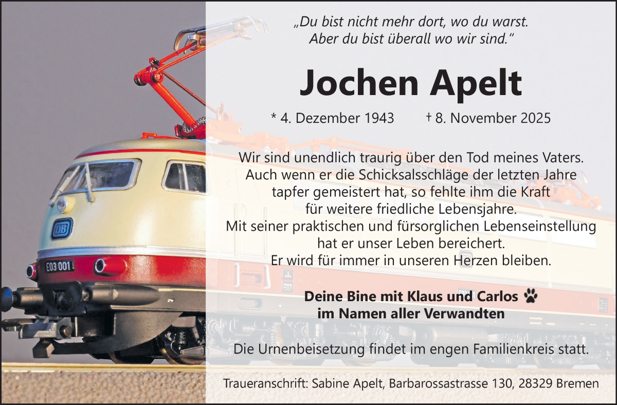  Traueranzeige für Jochen Apelt vom 22.11.2025 aus WESER-KURIER