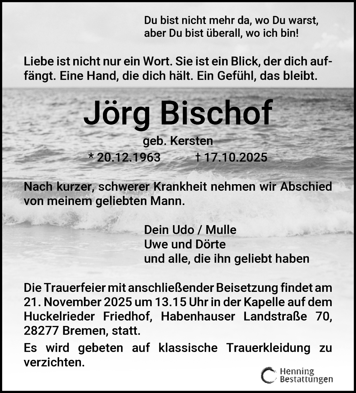  Traueranzeige für Jörg Bischof vom 15.11.2025 aus WESER-KURIER