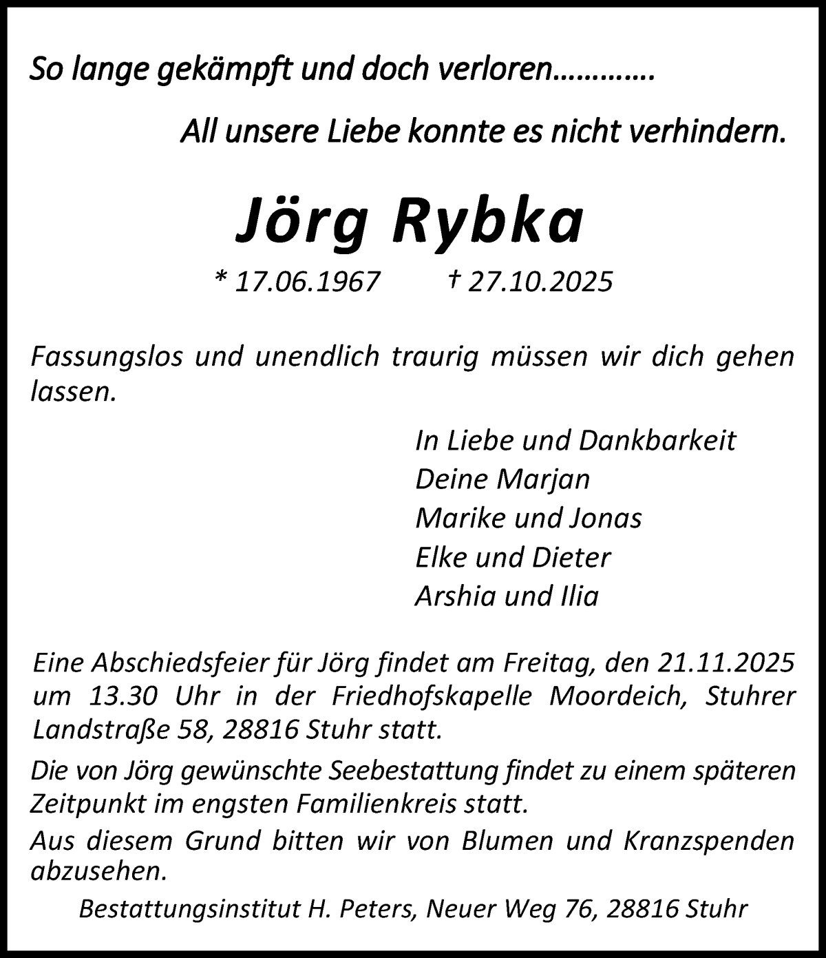 Traueranzeige von Jörg Rybka von WESER-KURIER