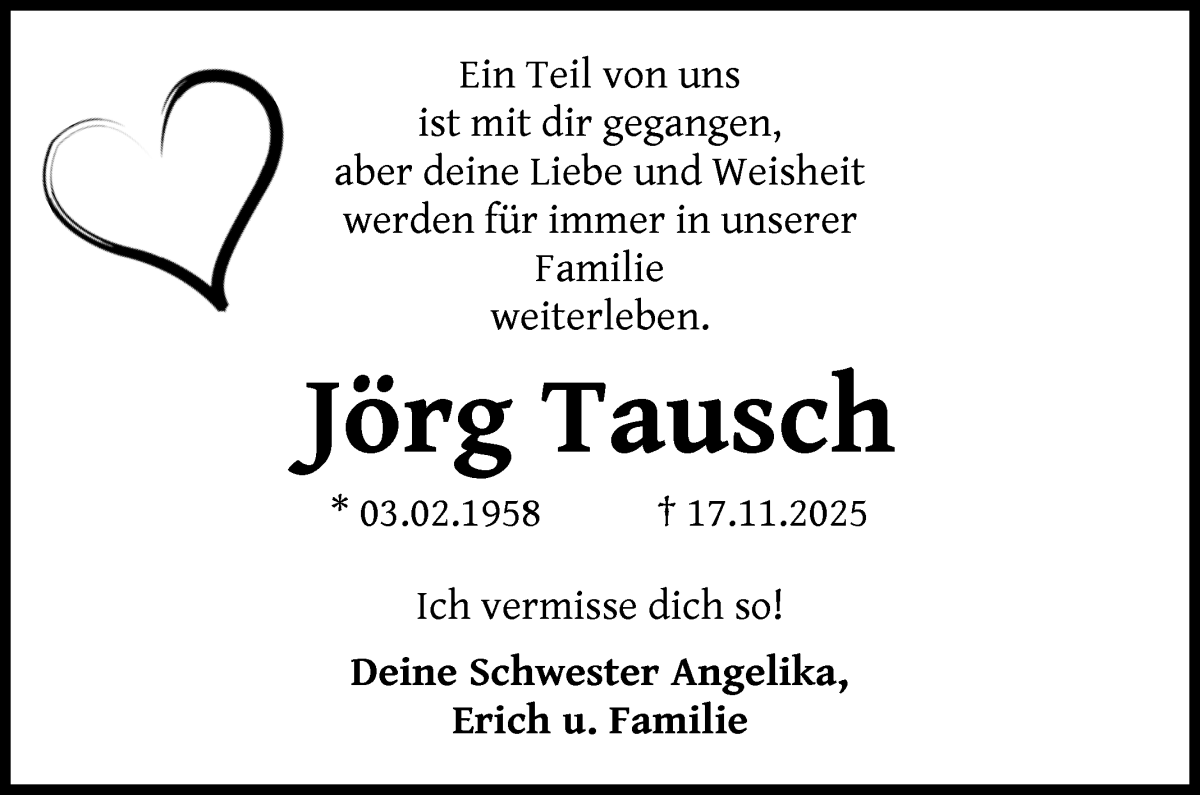Traueranzeige von Jörg Tausch von Die Norddeutsche
