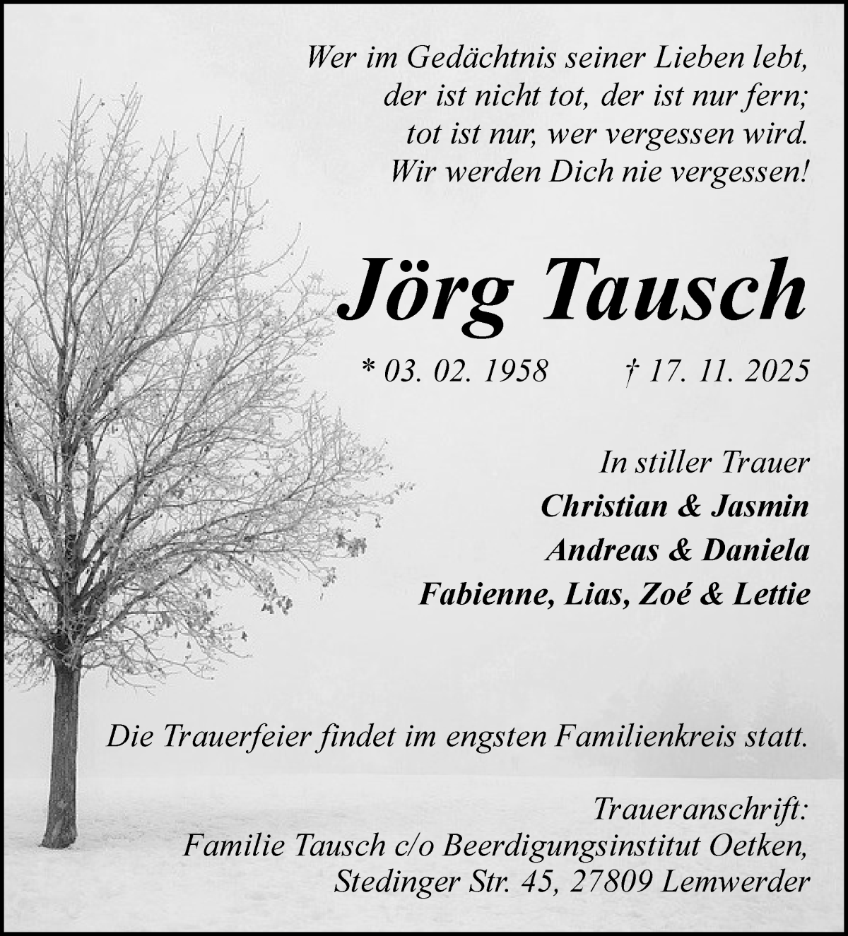 Traueranzeige von Jörg Tausch von Die Norddeutsche