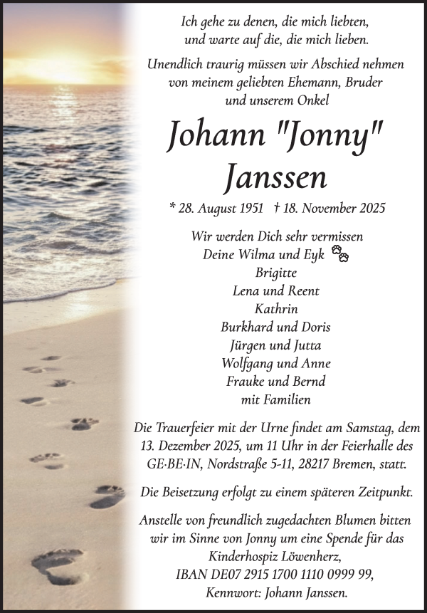 Traueranzeige von Johann Janssen von WESER-KURIER