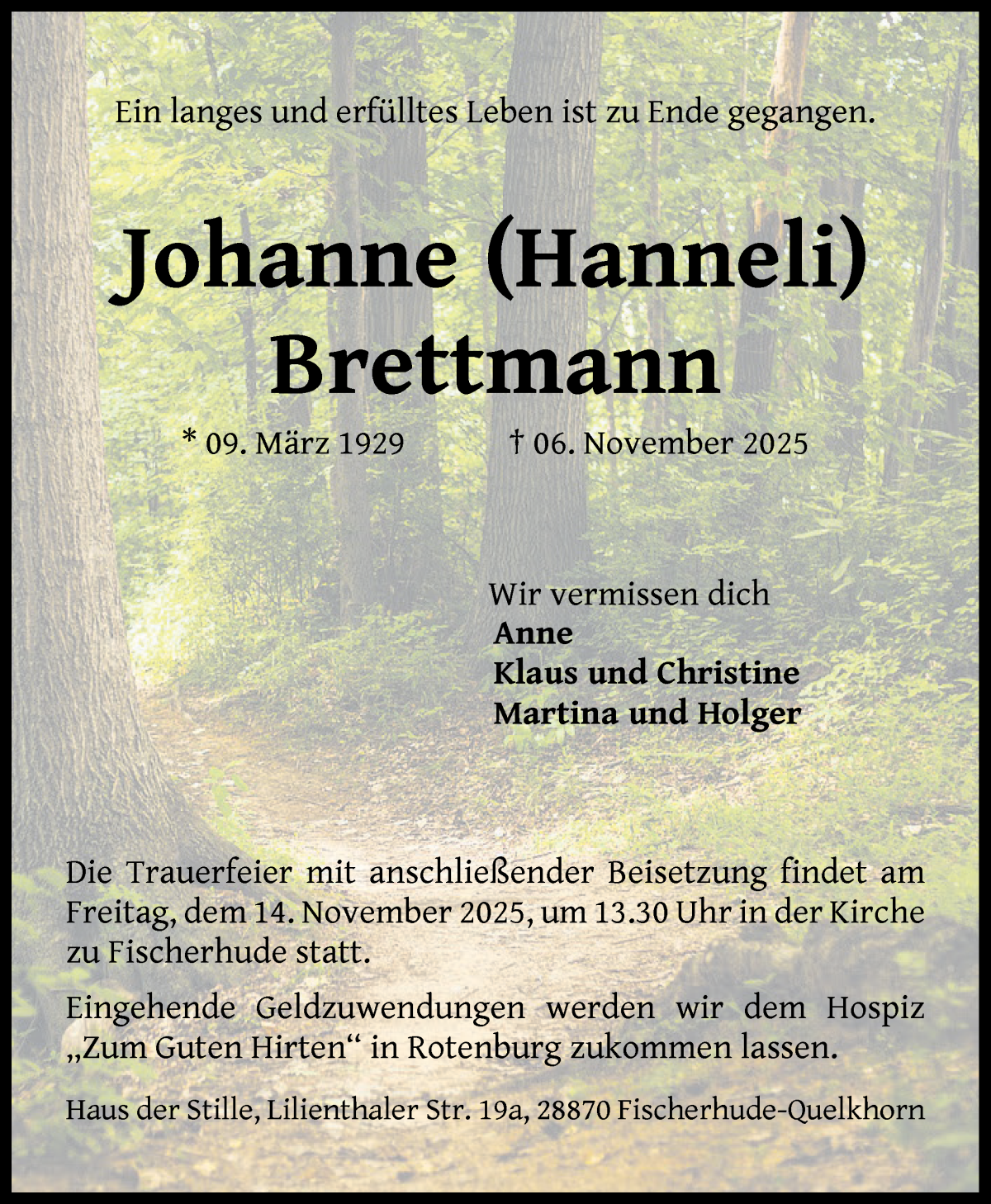 Traueranzeige von Johanne Brettmann von Achimer Kurier/Verdener Nachrichten