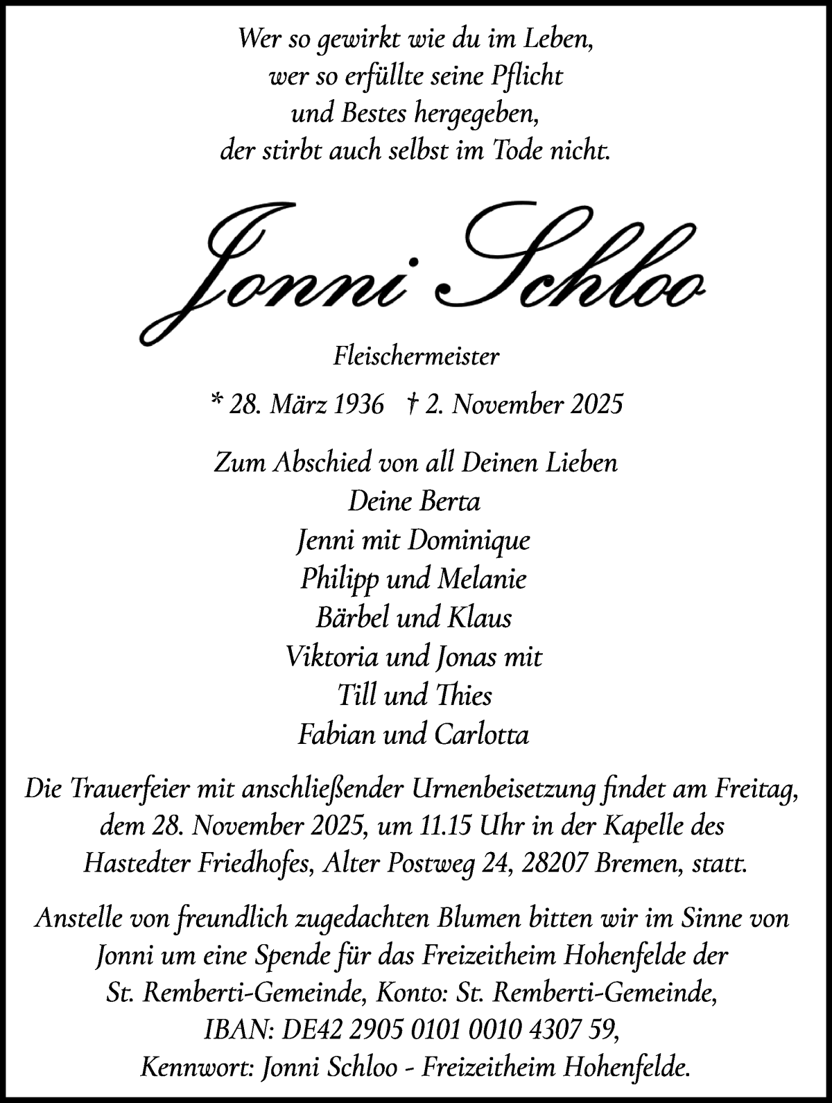 Traueranzeige von Jonni Schloo von WESER-KURIER