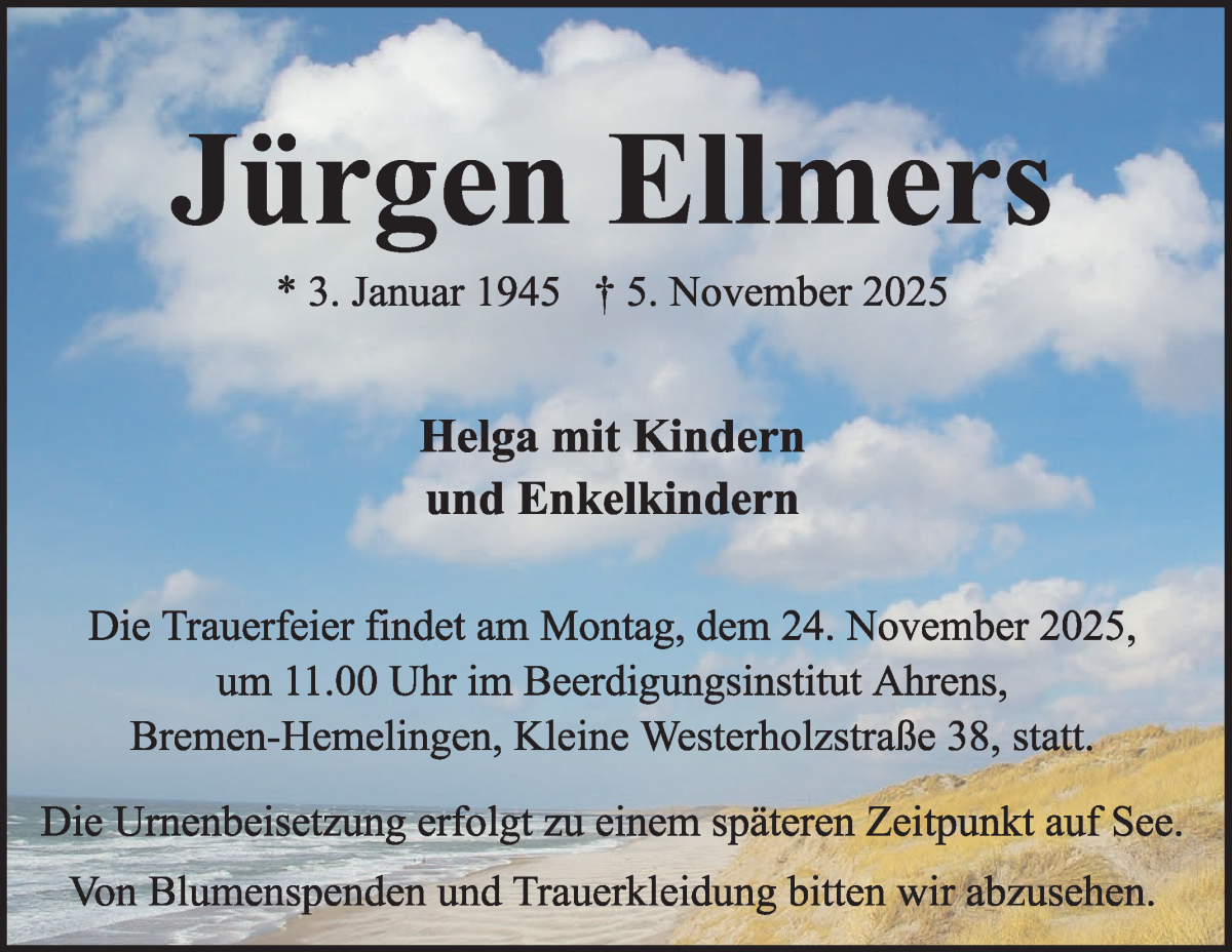 Traueranzeige von Jürgen Ellmers von WESER-KURIER