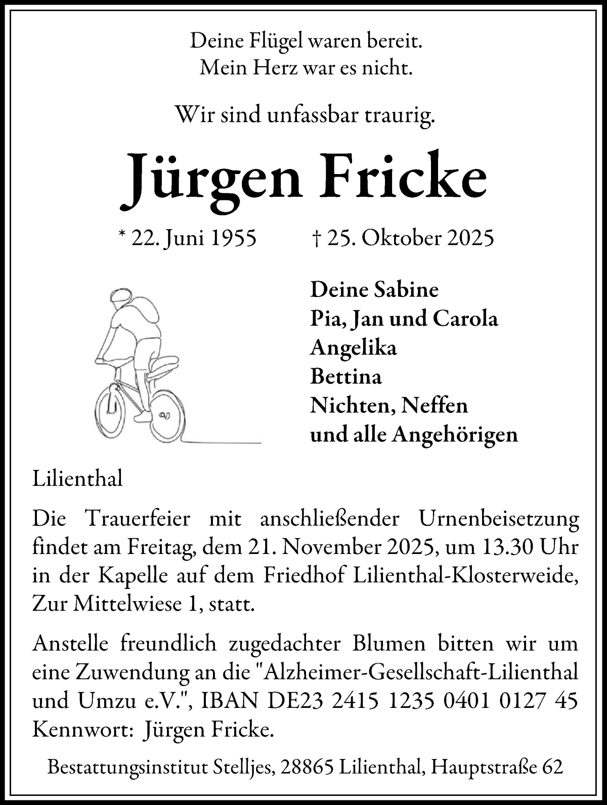 Traueranzeige von Jürgen Fricke von WESER-KURIER