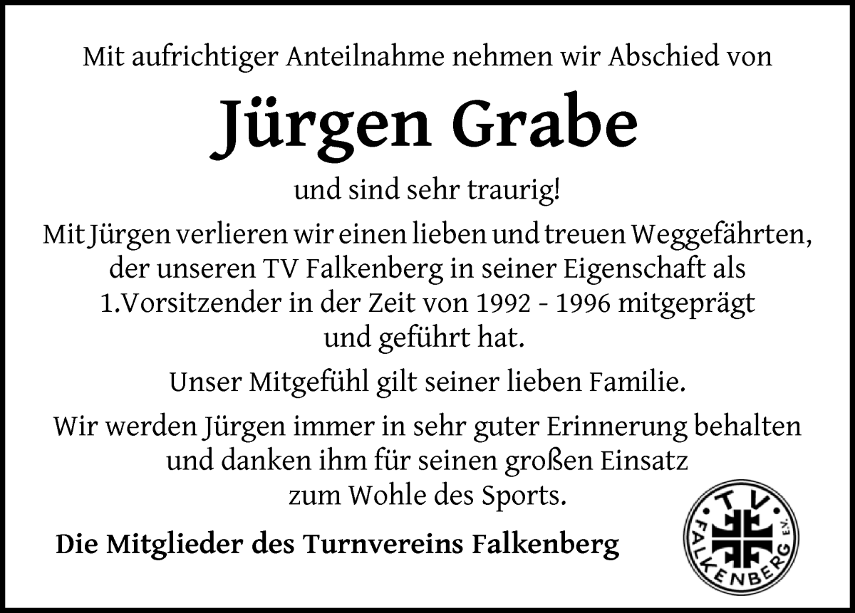 Traueranzeige von Jürgen Grabe von Wuemme Zeitung