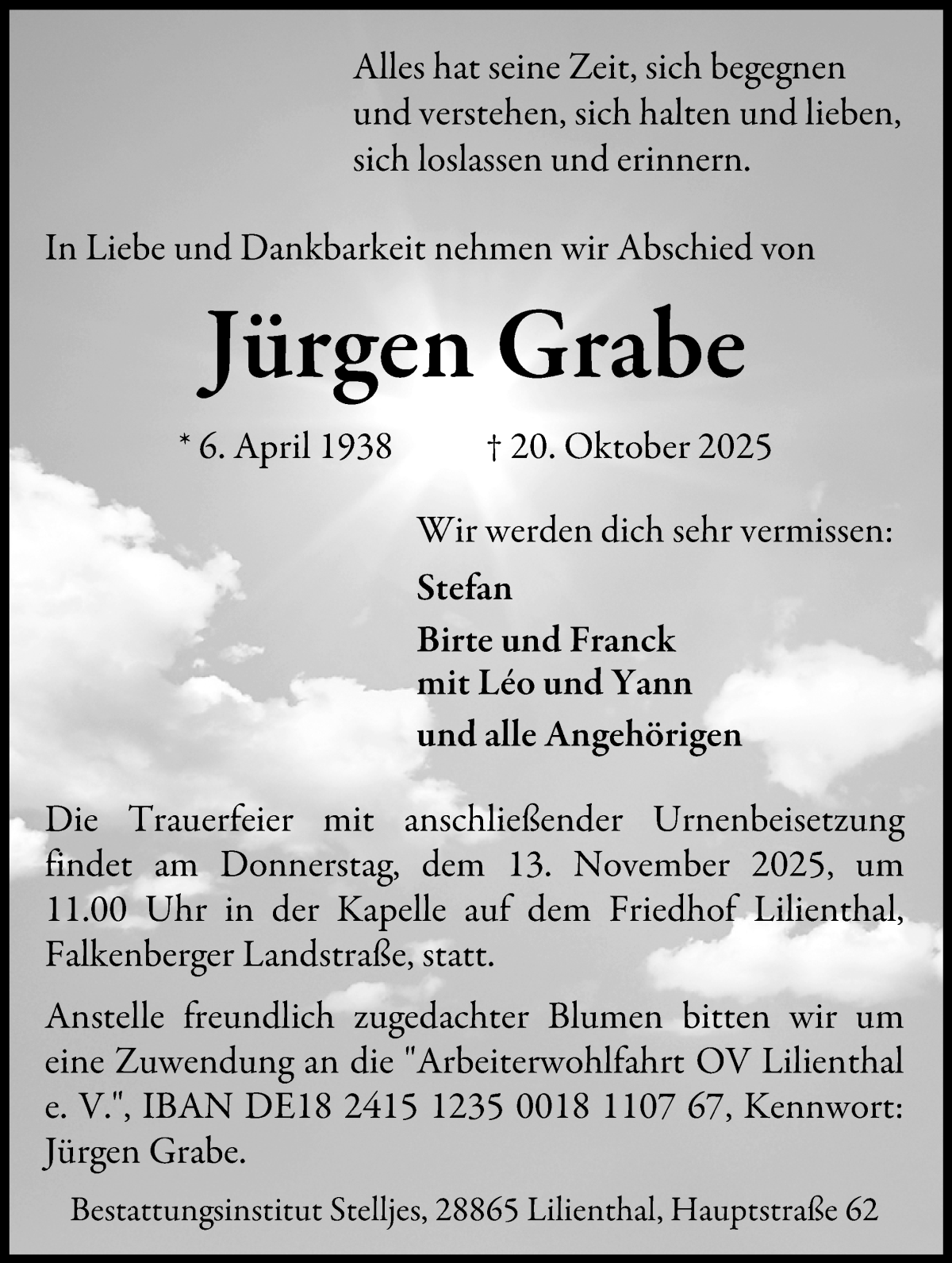 Traueranzeige von Jürgen Grabe von Wuemme Zeitung