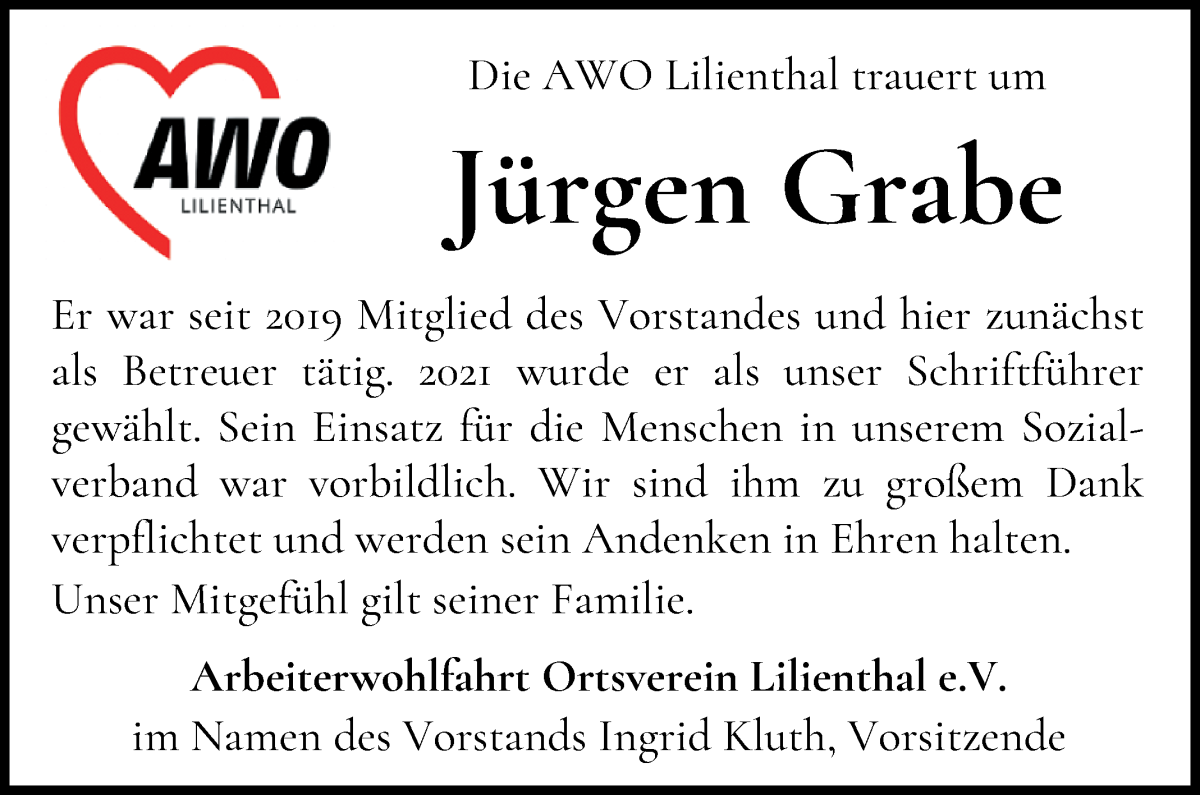 Traueranzeige von Jürgen Grabe von Wuemme Zeitung