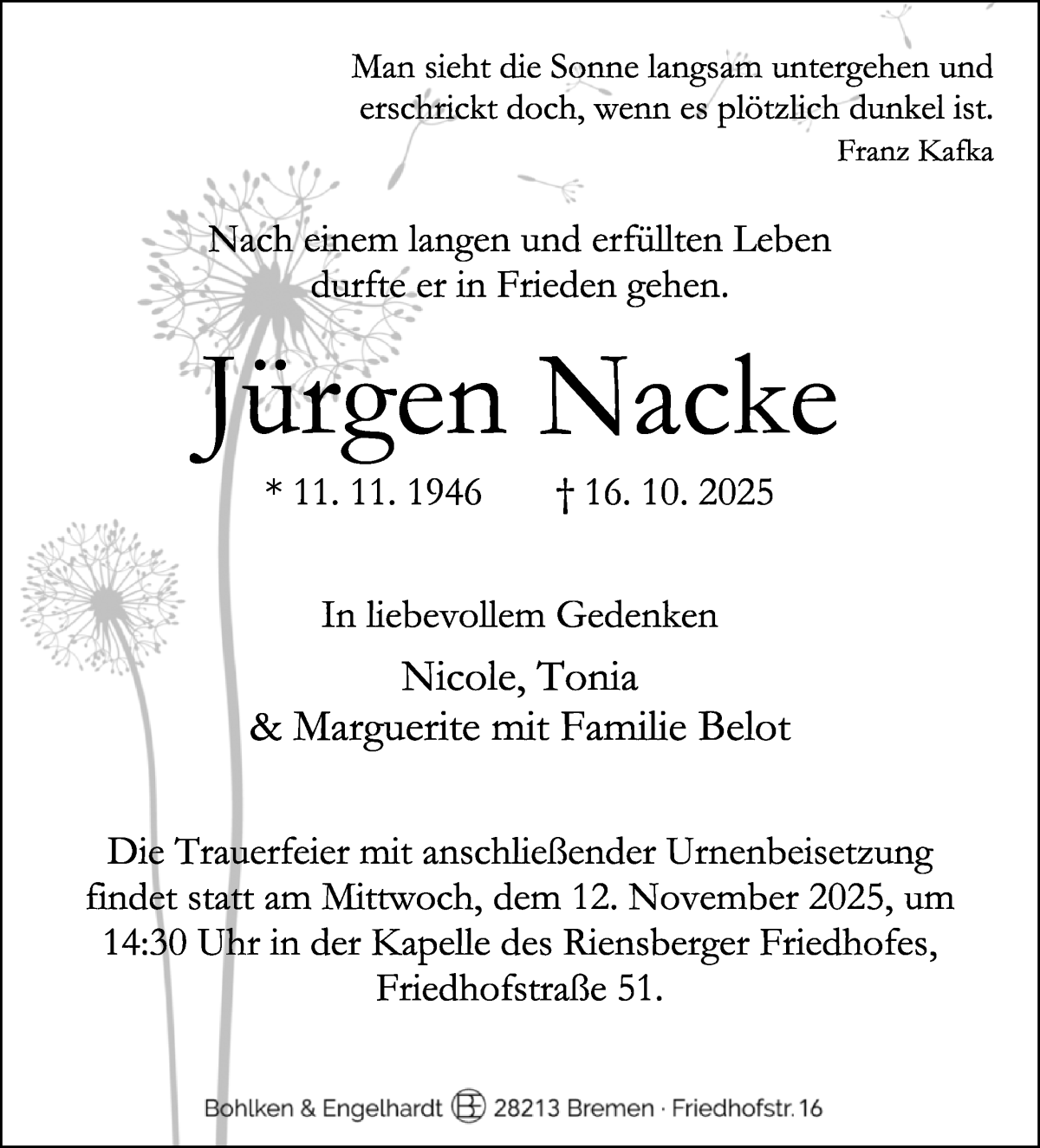 Traueranzeige von Jürgen Nacke von WESER-KURIER