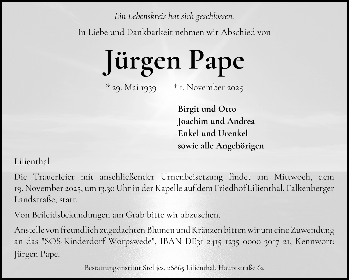 Traueranzeige von Jürgen Pape von Wuemme Zeitung