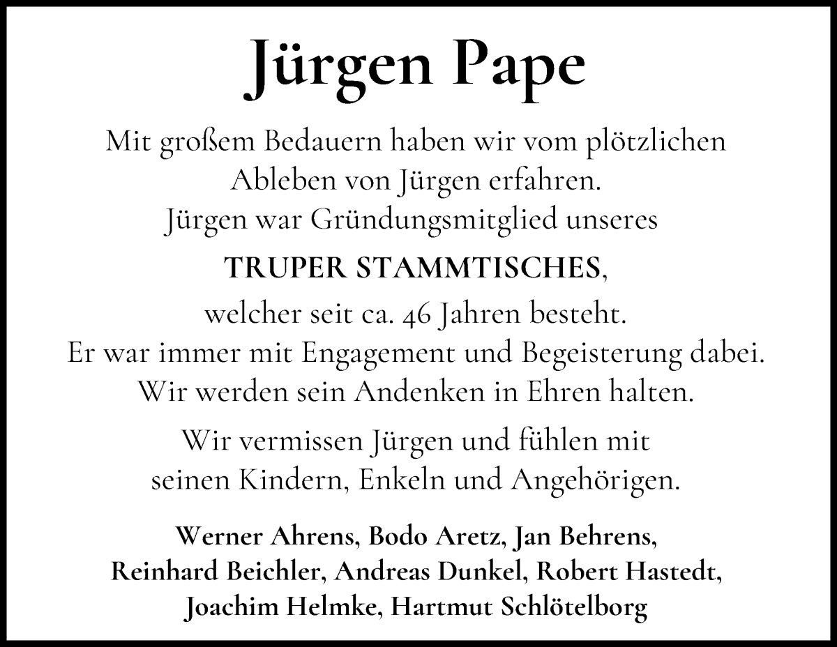 Traueranzeige von Jürgen Pape von Wuemme Zeitung